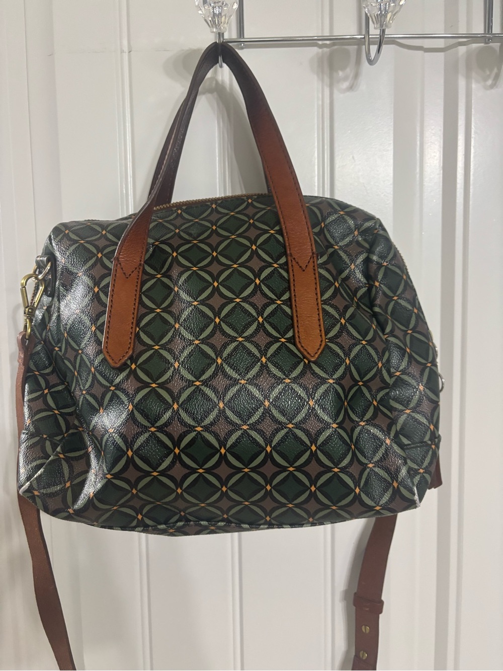 Fossil Green Geometric Dome Satchel with Brown Leather Trim